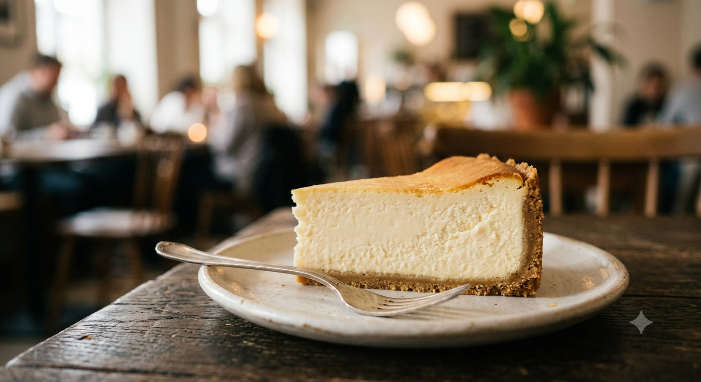 Cheesecake sin gluten sobre plato blanco, foto limpia con luz suave